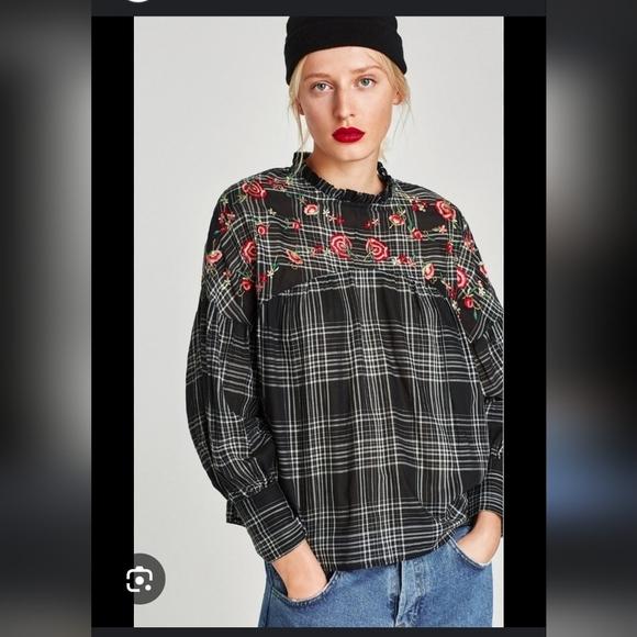 Zara Basic  Denim Embroidered Floral Checked Shirt Top Size Small Women - Picture 1 of 15